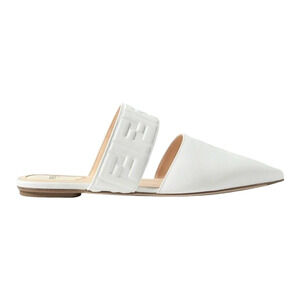 Fendi Motif FF Logo Snow White Leather Pointed Toe Ballerina Ballet Mule Flat 37